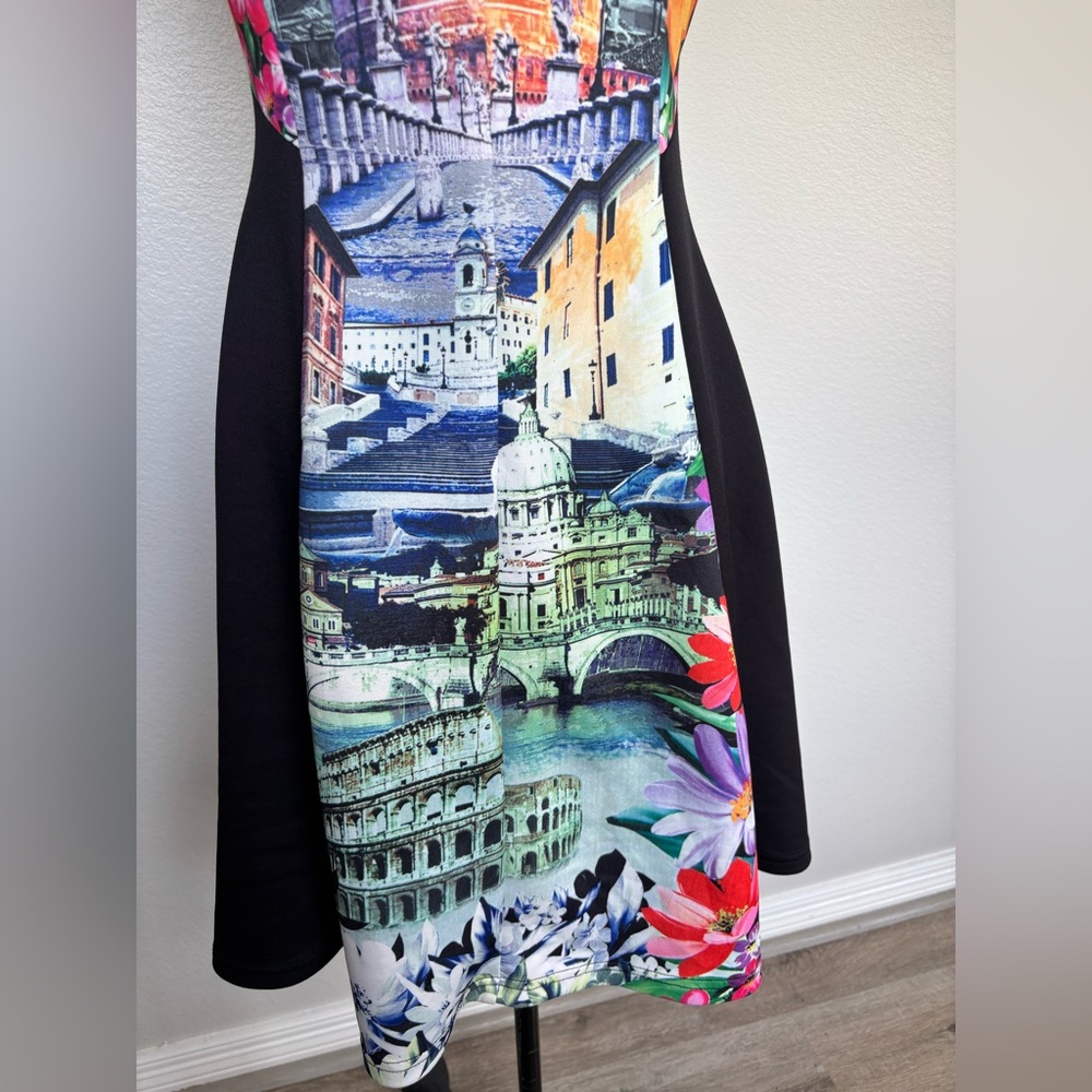 Just Love Multi-Color Scenic Print Midi Dress with Black Panels - Picture 8 of 15